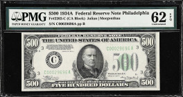 Fr. 2202-C. 1934A $500 Federal Reserve Note. Philadelphia. PMG Uncirculated 62 EPQ.
An impressive Uncirculated Philly $500, with the all important EP...