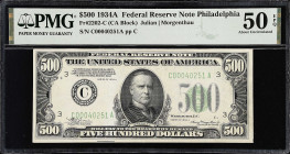 Fr. 2202-C. 1934A $500 Federal Reserve Note. Philadelphia. PMG About Uncirculated 50 EPQ.
An About Uncirculated Philly $500 offered with PMG's covete...