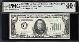 Fr. 2202-C. 1934A $500 Federal Reserve Note. Philadelphia. PMG Extremely Fine 40 EPQ.
An original mid-grade offering of this Philly $500.

Estimate...