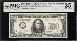 Fr. 2202-C. 1934A $500 Federal Reserve Note. Philadelphia. PMG Choice Very Fine 35 EPQ.
A mid-grade Philly $500 with the EPQ qualifier.

Estimate: ...