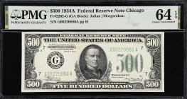 Fr. 2202-G. 1934A $500 Federal Reserve Note. Chicago. PMG Choice Uncirculated 64 EPQ.
A nearly-Gem Chicago $500, which offers original paper.

Esti...