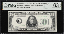 Fr. 2202-G. 1934A $500 Federal Reserve Note. Chicago. PMG Choice Uncirculated 63 EPQ.
This Chicago $500 boasts original paper and appealing Choice Un...