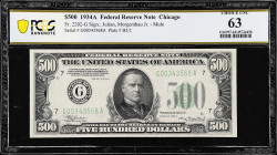 Fr. 2202-G. 1934A Federal Reserve Mule Note. Chicago. PCGS Banknote Choice Uncirculated 63.
Broad margins are offered on this Chicago Mule.

Estima...