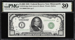Fr. 2210-Idgs. 1928 Dark Green Seal $1000 Federal Reserve Note. Minneapolis. PMG Very Fine 30.
A dark green seal $1000 from the highly popular 1928 S...