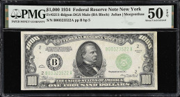 Fr. 2211-Bdgsm. 1934 Dark Green Seal $1000 Federal Reserve Mule Note. New York. PMG About Uncirculated 50 EPQ.
Original paper is offered on this dark...