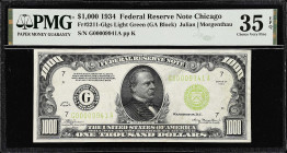 Fr. 2211-Glgs. 1934 Light Green Seal $1000 Federal Reserve Note. Chicago. PMG Choice Very Fine 35 EPQ.
A mid-grade $1000 with the coveted light green...