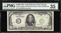 Fr. 2211-Gdgsm. 1934 Dark Green Seal $1000 Federal Reserve Mule Note. Chicago. PMG Choice Very Fine 35.
A mid-grade Mule from the Windy City district...