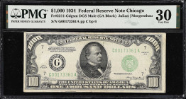 Fr. 2211-Gdgsm. 1934 Dark Green Seal $1000 Federal Reserve Mule Note. Chicago. PMG Very Fine 30.
Dark green seal mule from the Chicago district.

E...