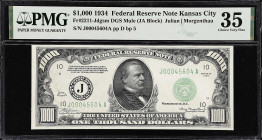 Fr. 2211-Jdgsm. 1934 Dark Green Seal $1000 Federal Reserve Mule Note. Kansas City. PMG Choice Very Fine 35.
A bright mid grade example of this mule....
