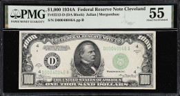 Fr. 2212-D. 1934A $1000 Federal Reserve Note. Cleveland. PMG About Uncirculated 55.
A key About Uncirculated Cleveland $1000.

Estimate: $5000.00- ...