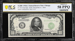 Fr. 2212-Gm. 1934A $1000 Federal Reserve Mule Note. Chicago. PCGS Banknote Choice About Uncirculated 58 PPQ.
Back plate 4. Mule. Original paper.

E...