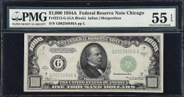 Fr. 2212-G. 1934A $1000 Federal Reserve Note. Chicago. PMG About Uncirculated 55 EPQ.
This About Uncirculated Chicago note has earned the coveted EPQ...