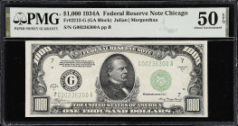 Fr. 2212-G. 1934A $1000 Federal Reserve Note. Chicago. PMG About Uncirculated 50 EPQ.
This Chicago $1000 boasts the coveted EPQ qualifier.

Estimat...