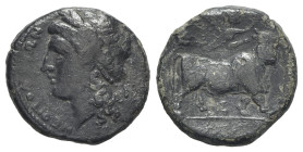 Southern Campania, Neapolis, c. 270-250 BC. Æ (19mm, 4.13g, 1h). Laureate head of Apollo l. R/ Man-headed bull standing r., being crowned by Nike who ...