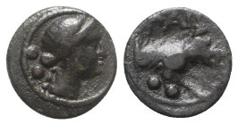Northern Lucania, Paestum, c. 218-201 BC. Æ Sextans (13mm, 1.88g, 12h). Head of Ceres r. R/ Forepart of boar r.; two pellets below. Crawford 5/3; HNIt...