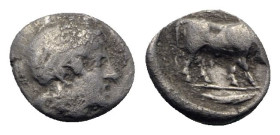 Southern Lucania, Thourioi, c. 443-400 BC. AR Triobol (11mm, 1.04g, 6h). Helmeted head of Athena r. R/ Bull standing r.; in exergue, fish. Cf. HNItaly...