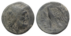 Sicily, Akragas, c. late 2nd century BC. Æ (22mm, 7.99g, 6h). Laureate head of Zeus r. R/ Eagle standing on thunderbolt, head r., wings spread. HGC 2,...