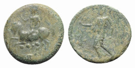 Sicily, Himera, c. 425-409 BC. Æ Tetras (16mm, 2.13g, 7h). Nude rider on a goat l., blowing into conch; three pellets below. R/ Nike advancing l., hol...