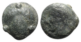 Sicily, Selinos, c. 450-440 BC. Cast Æ Tetras or Trionkion (20mm, 9.34g, 3h). Horned head of river god l. R/ Selinon leaf. CNS I, 6; HGC 2, 1234. Gree...