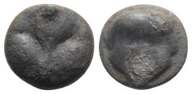 Sicily, Selinos, c. 450-440 BC. Cast Æ Trias (21mm, 11.87g, 6h). Gorgoneion. R/ Selinon leaf; four pellets. CNS I, 3; SNG ANS -; HGC 2, 1232. VF