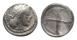 Sicily, Syracuse. Hieron I (478-466 BC). AR Obol (9mm, 0.69g), c. 475-470. Diademed head of Arethusa r. R/ Wheel of four spokes. SNG ANS 116-8; HGC 2,...