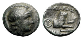 Kings of Thrace, Lysimachos (305-281 BC). Æ (13mm, 2.02g, 12h). Lysimacheia. Helmeted head of Athena r. R/ Forepart of a lion r.; kerykeion and monogr...