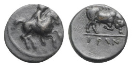 Thessaly, Krannon, c. 350 BC. Æ Chalkous (14.5mm, 2.27g, 6h). Thessalian horseman r. R/ Bull butting r.; trident above. BCD Thessaly 118.12; HGC 4, 39...
