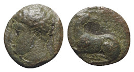 Akarnania, Argos Amphilochikon, 3rd century BC. Æ (13mm, 2.04g, 3h). Head of Hermes l., petasos hanging from neck. R/ Hound recumbent l., head r. BCD ...