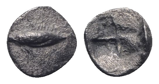Mysia, Kyzikos, c. 6th century BC. AR Obol (9mm, 0.51g). Tunny l. R/ Quadriparti...