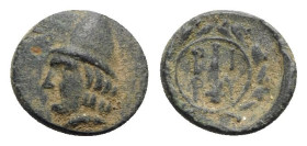Troas, Birytis, 4th-3rd centuries BC. Æ (12mm, 1.29g, 11h). Head of Kabeiros l., wearing pileos; two stars above. R/ Club within wreath. BMC 1; SNG Co...