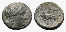 Ionia, Kolophon, c. 330-285 BC. Æ (18mm, 5.81g, 11h). Posi[…], magistrate. Laureate head of Apollo r. R/ Horseman, holding spear pointed forwards and ...