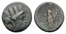 Ionia, Smyrna, c. 170-145 BC. Æ (19mm, 5.23g, 12h). Apollonides, magistrate. Turreted head of Tyche r. R/ Aphrodite Stratonikis r., elbow on short col...