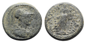 Phrygia, Trajanopolis. Pseudo-autonomous issue, time of Hadrian (117-138). Æ (17mm, 4.72g, 1h). Helmeted bust of Athena r., wearing aegis. R/ Cult sta...