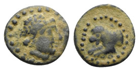 Pisidia, Komama, c. 1st century BC. Æ (16mm, 2.30g, 3h). Laureate head of Zeus r. R/ Forepart of lion l. SNG Pfalz 250. VF