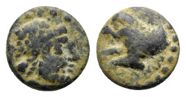 Pisidia, Komama, c. 1st century BC. Æ (13mm, 2.43g, 12h). Laureate head of Zeus r. R/ Forepart of lion l. SNG Pfalz 250. VF