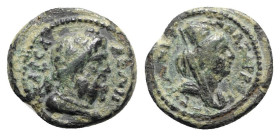 Cilicia, Anazarbus. Pseudo-autonomous issue, time of Marcus Aurelius (161-180). Æ (18mm, 3.98g, 6h). Laureate head of Zeus r. R/ Turreted head of Tych...