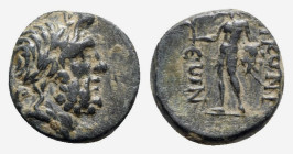 Lycaonia, Eikonion, c. 1st century BC. Æ (14.5mm, 3.23g, 12h). Laureate head of Zeus r. R/ Naked Perseus standing l., holding harpa and gorgon's head....