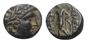 Seleukid Kings, Antiochos III (222-187 BC). Æ (9mm, 1.34g, 12h). Antioch(?). Laureate head of Apollo r. R/ Apollo standing l., holding bow and testing...