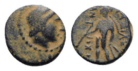 Seleukid Kings, Antiochos III (222-187 BC). Æ (12mm, 1.93g, 12h). Antioch(?). Laureate head of Apollo r. R/ Apollo standing l., holding bow and testin...