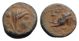 Seleukid Kings, Antiochos IV (175-164 BC). Æ (15mm, 4.94g, 12h). Antioch, c. 175-173/2. Veiled and diademed bust of Laodike IV r. R/ Head of elephant ...