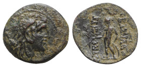 Seleukid Kings, Alexander I Balas (152-145 BC). Æ (20mm, 6.12g, 11h). Antioch, c. 150-146 BC. Head of Herakles r., wearing lion-skin. R/ Apollo standi...