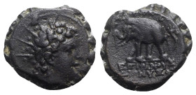 Seleukid Kings, Antiochos VI (144-141 BC). Æ Serrate (21.5mm, 7.96g, 1h). Antioch. Diademed and radiate head r. R/ Elephant walking l., ΣTA and cornuc...