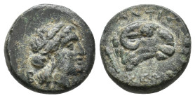 TROAS. Kebren. (Circa 400-387 BC). Ae.
Obv: Head of ram right; below, grain ear right.
Rev: K - E.
Laureate head of Apollo right.
SNG Copenhagen 266-7...