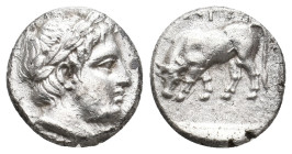 TROAS. Gargara. (4th century BC). AR Drachm.
Obv: Laureate head of Apollo right.
Rev: ΓΑΡΓ.
Bull grazing left within incuse square.
SNG von Aulock 150...