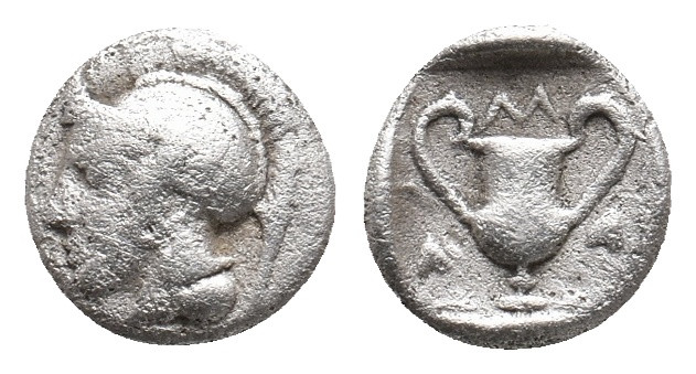 LESBOS. Methymna. (Circa 450/40-406/379 BC). AR Obol.
Obv: Helmeted head of Athe...