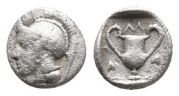 LESBOS. Methymna. (Circa 450/40-406/379 BC). AR Obol.
Obv: Helmeted head of Athena left.
Rev: Kantharos; M above, ivy leaf to left and right; all with...