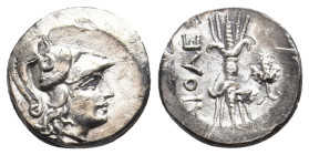 LESBOS. Methymna. Tetrobol (Circa 330-280 BC).
Obv: Head of Athena right, wearing helmet decorated with serpent.
Rev: AIOΛE.
Thunderbolt; grape bunch ...