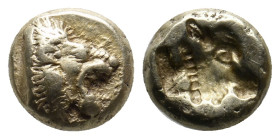 LESBOS. Mytilene (Circa 521-478 BC). EL Hekte.
Obv: Head of roaring lion right.
Rev: Incuse head of calf right; rectangular punch to left.
Bodenstedt ...
