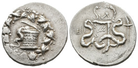IONIA. Ephesos. (133-67 BC). AR Tetradrachm. Cistophoric standard. Dated CY 4 (131/130 BC).
Obv: Cista mystica with serpent; all within ivy wreath.
Re...