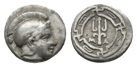 IONIA. Magnesia ad Maeandrum. (Circa 400-350 BC). AR Obol.
Obv: Helmeted head of Athena right.
Rev: M - A.
Trident within circular maeander pattern.
S...